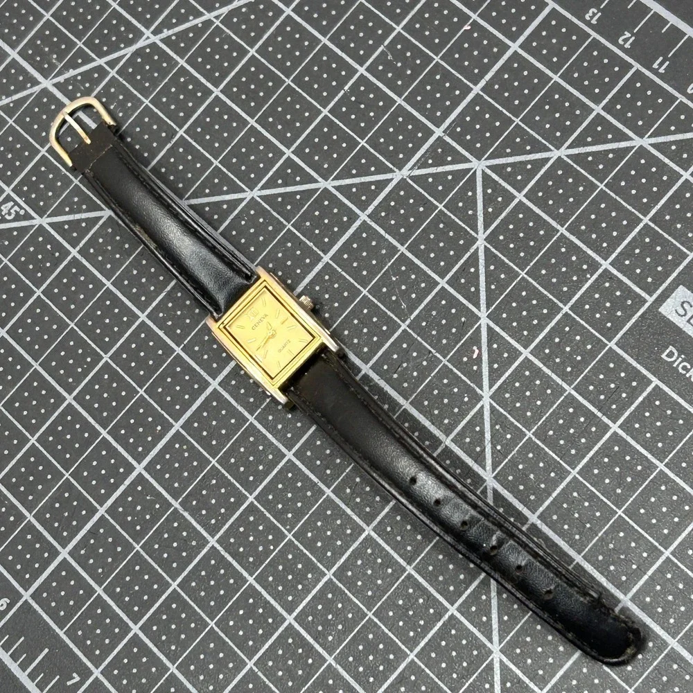 Geneva Quartz Watch Gold‎ Tone Rectangular Case Black Leather Band Japan Movt